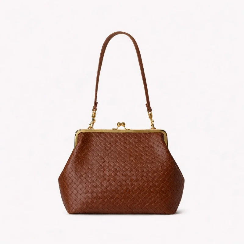 Brown woven handbag with a gold clasp on a white background
