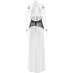 White dress with black lace detailing on a white background