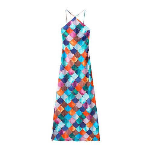 Colorful scale-patterned dress on a white background