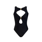 Black swimsuit with gold accents on a white background
