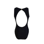 Black swimsuit with unique cutout design on a white background