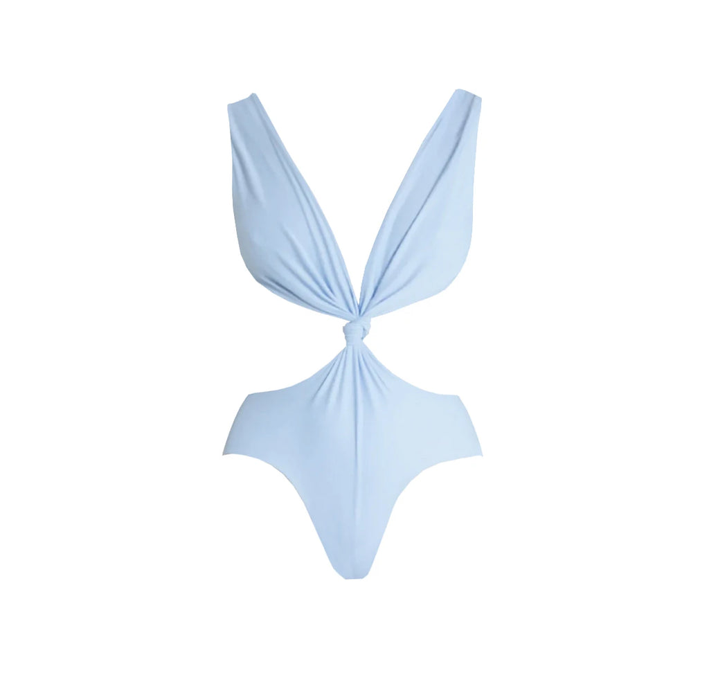 Light blue swimsuit with a unique design on a white background