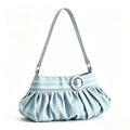 A light blue and white striped shoulder bag with a pleated ruffled body, a silver-tone circular ring detail on the front, and a matching shoulder strap, shown against a plain white background.