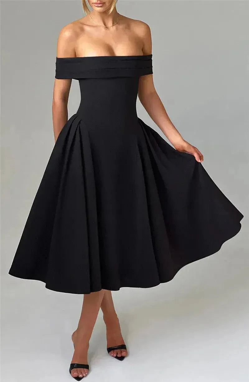A model wearing a black off-shoulder midi dress with a ruffled skirt and sleeveless top.