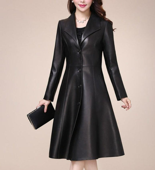Daphne Long Black Faux Leather Coat - Virago Wear - Coats, New arrivals, Outerwear - Coats