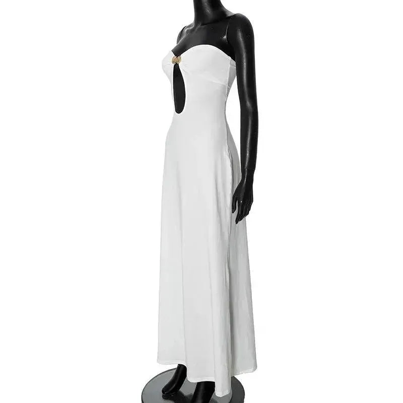 White strapless dress on a black mannequin against a white background
